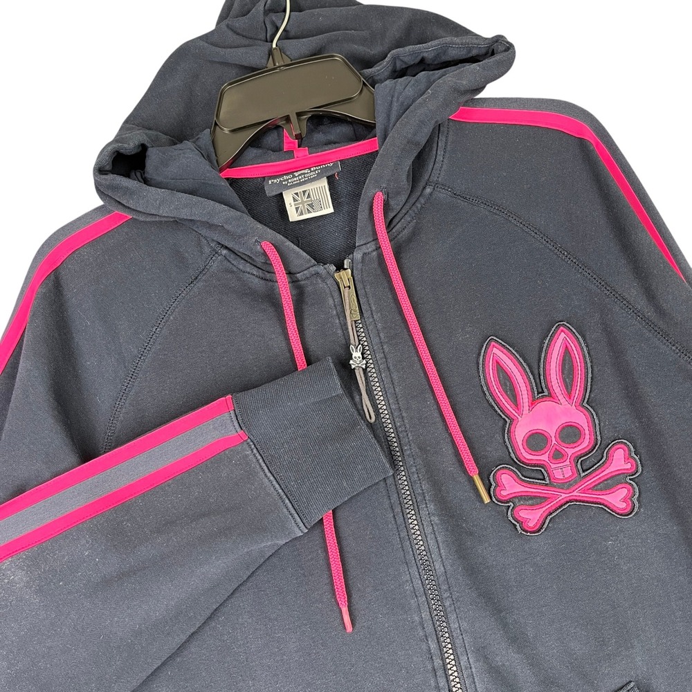 Psycho Bunny Full Zip Hoodie Womens S Pink Skull Racing Stripe Casual Sportswear